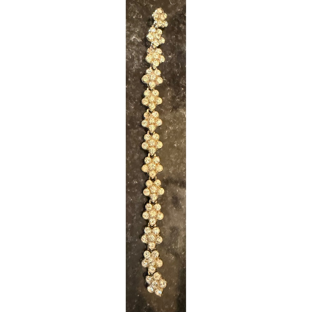 Vintage Floral Rhinestone‎ Link Bracelet Gold Tone Crystal Flower Bridal